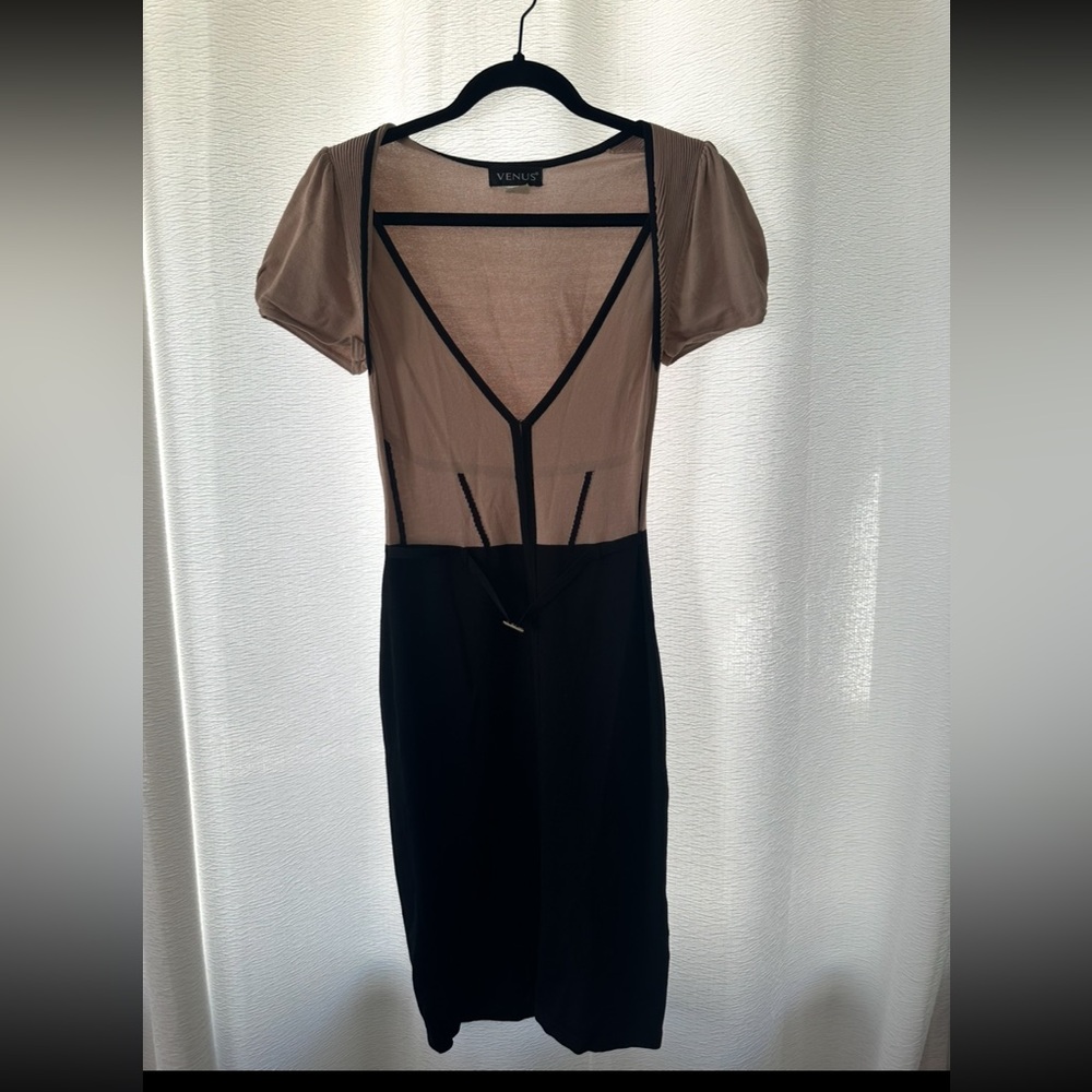VENUS Blush Nude and Black Trim Sheer Bodice Dress